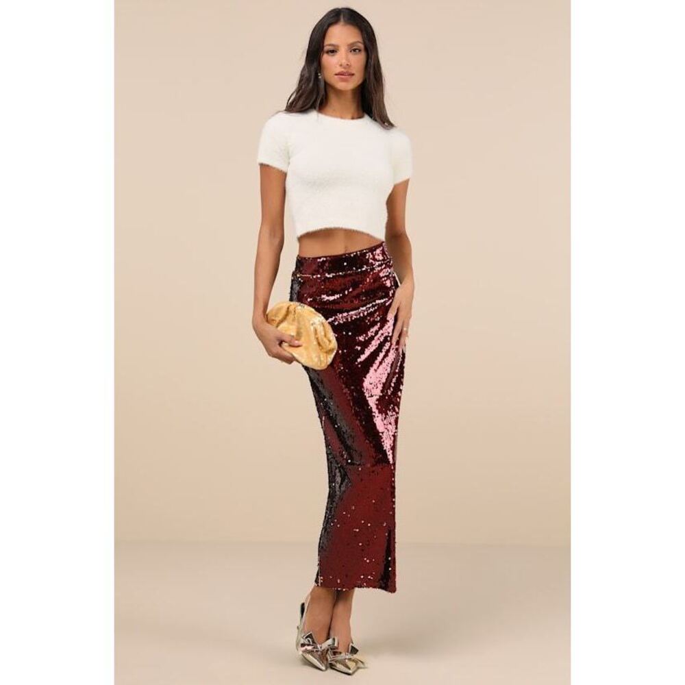 Dazzling Appearance Burgundy Sequin High-Rise Midi Skirt